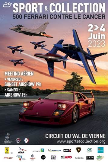 Poster de l'édition 2023 de l'événement « 500 Ferrari contre le cancer » par l'association Sport & Collection